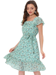 Floral Chiffon Flutter Sleeve Belted Square Neck Ruffled Hem Dress