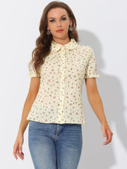 Floral Printed Peter Pan Collar Cotton Short Sleeve Shirt