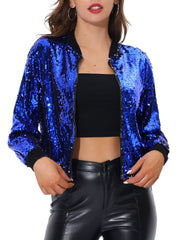 Sequin Sparkle Party Long Sleeve Zipper Bomber Jacket