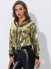 Sequin Sparkle Party Long Sleeve Zipper Bomber Jacket
