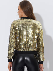 Sequin Sparkle Party Long Sleeve Zipper Bomber Jacket