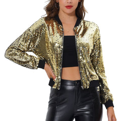 Sequin Sparkle Party Long Sleeve Zipper Bomber Jacket
