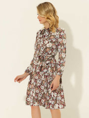 Tie Neck Chiffon Long Sleeve Belted Vintage Floral Dress