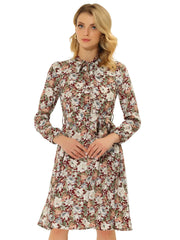 Tie Neck Chiffon Long Sleeve Belted Vintage Floral Dress
