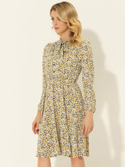 Tie Neck Chiffon Long Sleeve Belted Vintage Floral Dress