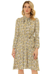 Tie Neck Chiffon Long Sleeve Belted Vintage Floral Dress