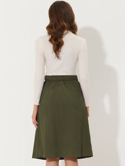 High Waist Button Front Belted Corduroy A-Line Midi Skirt