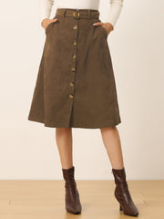 High Waist Button Front Belted Corduroy A-Line Midi Skirt