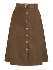 High Waist Button Front Belted Corduroy A-Line Midi Skirt