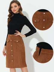 High Waist Faux Suede Knee Length A-Line Skirt