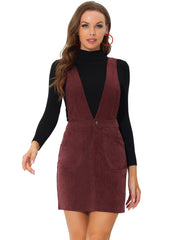 Corduroy Overall V Neck Strap Mini Pinafore Dress