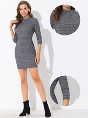 Mock Neck 3/4 Sleeve Slim Check Office Work Plaid Dress