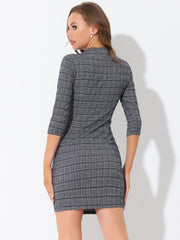 Mock Neck 3/4 Sleeve Slim Check Office Work Plaid Dress