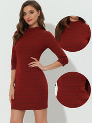 Mock Neck 3/4 Sleeve Slim Check Office Work Plaid Dress