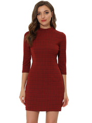 Mock Neck 3/4 Sleeve Slim Check Office Work Plaid Dress