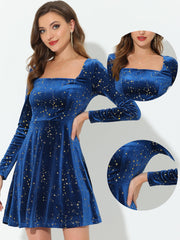 Christmas Stars Square Neck Vintage Velvet Mini Dress