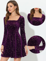 Christmas Stars Square Neck Vintage Velvet Mini Dress