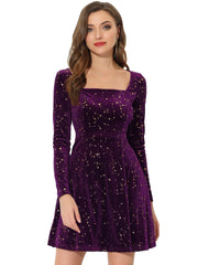 Christmas Stars Square Neck Vintage Velvet Mini Dress