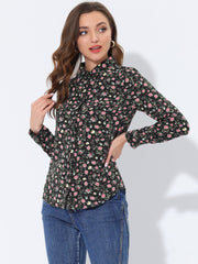 Button Down Floral Long Sleeve Point Collar Blouse