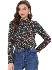 Button Down Floral Long Sleeve Point Collar Blouse
