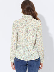 Button Down Floral Long Sleeve Point Collar Blouse