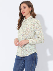 Button Down Floral Long Sleeve Point Collar Blouse