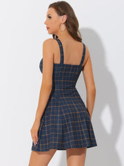 Plaid Zipper Front Party Strap Sleeveless Tube Mini A-Line Dress