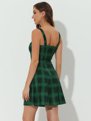 Plaid Zipper Front Party Strap Sleeveless Tube Mini A-Line Dress