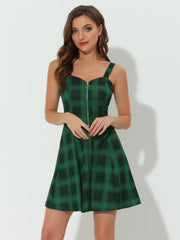 Plaid Zipper Front Party Strap Sleeveless Tube Mini A-Line Dress