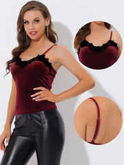 Velvet Camisole Lace Trim Velour Cami Tank Spaghetti Strap Top
