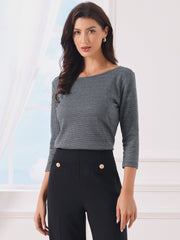 Work Office 3/4 Sleeve Boat Neck Houndstooth Printed Top Blouse