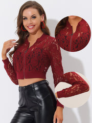 Stand Collar Zip Up Mesh Sheer Lace Crop Bomber Jacket