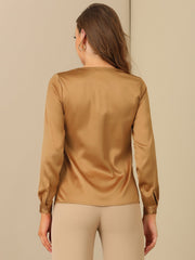 Satin Tie Neck Long Sleeve Solid Color Elegant Office Work Shirt Top