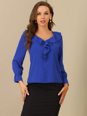 Ruffle Neck Gathered Cuff Long Sleeves Blouse