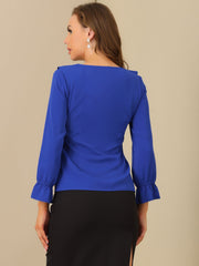 Ruffle Neck Gathered Cuff Long Sleeves Blouse