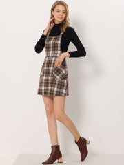 Plaid Tartan Button Decor A-Line Pinafore Overall Dress