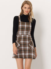 Plaid Tartan Button Decor A-Line Pinafore Overall Dress