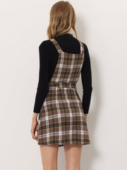 Plaid Tartan Button Decor A-Line Pinafore Overall Dress