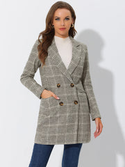 Double Breasted Notched Lapel Plaid Trench Blazer Coat