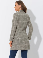 Double Breasted Notched Lapel Plaid Trench Blazer Coat