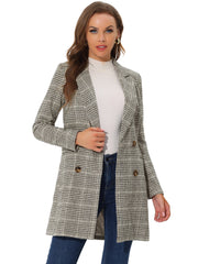 Double Breasted Notched Lapel Plaid Trench Blazer Coat