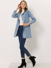 Notched Lapel Belted Trench Long Jean Denim Jacket