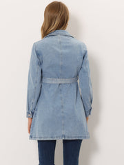 Notched Lapel Belted Trench Long Jean Denim Jacket