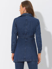 Notched Lapel Belted Trench Long Jean Denim Jacket