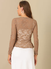 Floral Lace Tie Front Ruffled Hem Sheer Crop Bolero Shrug