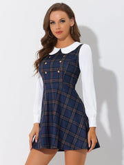 Peter Pan Collar Contrast Color Button Decor Plaid Dress