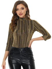 Party Glitter 3/4 Sleeve Shiny Striped Metallic Tops