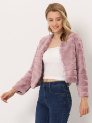 Winter Warm Cropped Collarless Faux Fur Fluffy Jacket