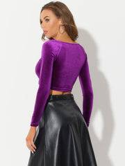 Velvet Long Sleeve Off Shoulder Solid Crop Top
