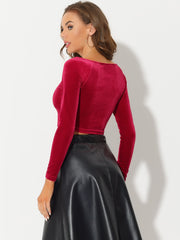 Velvet Long Sleeve Off Shoulder Solid Crop Top